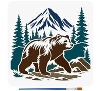 FINGERINSPIRE Wild Bear Stencils with a Brush 30x30cm Mountain Forest Painting Stencils Reusable PET Stone Grass Stencil Animal Theme Decoration Template for Painting on Wood Wall Floor Furniture
