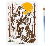 FINGERINSPIRE Wolf Pack Stencils with a Brush 29.7x21cm Moon Forest Tree Painting Stencils Reusable PET Wolves Pattern Stencil Animal Theme Decoration Template for Wood Wall Floor Furniture