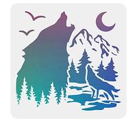 FINGERINSPIRE Wolf Stencils Decoration Template 30x30cm Plastic Forest Mountain Moon Drawing Painting Stencils Square Reusable Stencils for Create DIY Wolf Crafts and Decor