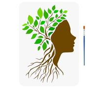 FINGERINSPIRE Woman Head Silhouette Stencil with Brush 21x29.7cm Tree of Life Template Woman Side Face Stencil Character Theme Template Tree Roots Leaves Stencil for Painting on Wood Clothes