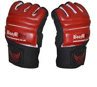 Fingerless Combat Gloves UniSex - MMA Training Gloves Weight Lifting - Leather Punch Bag Mitts Kick Boxing -Wrist Support Gel Padding on knuckles Sweat Proof Cycling (Red, L)