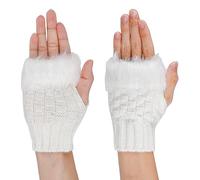 Fingerless Gloves with Faux Fur Winter Warm Fingerless Mittens Short Knit Crochet Arm Warmers Women Girls Wrist Gloves Half Finger Gloves for Winter Wedding Birthday Christmas Halloween Party (White)