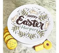 Fingerprint Designs Happy Easter Hopping Bunnies Round Personalised Gift Biscuit Sweets Treat Tin