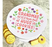 Fingerprint Designs Personalised Round Grandmas Hugs & Cookies Flowers Cake Treat Sweets Biscuit Tin