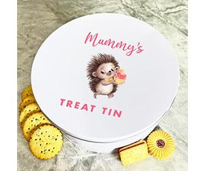 Fingerprint Designs Personalised Round Hedgehog Biscuit Baking Treats Sweets Cake Mummy's Treat Tin