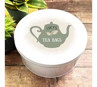 Fingerprint Designs Round Rustic Sage Green Teapot Shabby Chic Personalised Tea Bag Tin
