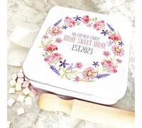 Fingerprint Designs Square Floral Wreath Personalised Cake Tin | Custom Gift | Personalized Tin | Cake, Biscuit & Treat Tins | Gift For Her | Him | 16.5x16.5x6.5cm