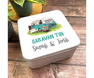 Fingerprint Designs Square Motorhome Camping Exploring Adventure Holiday Personalised Caravan Tin