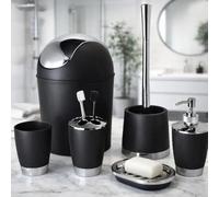 Fingey Bathlux Modern Design 6 Piece Bathroom Accessory Set, Toilet Brush, Waste Bin, Soap Dish, Tooth Brush Holder Soap Dispenser, Rinse Cup (Black)