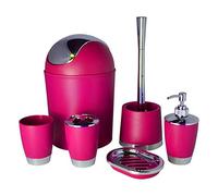 Fingey Bathlux Modern Design 6 Piece Bathroom Accessory Set, Toilet Brush, Waste Bin, Soap Dish, Tooth Brush Holder Soap Dispenser, Rinse Cup (Dark Pink)