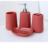Fingey Modern Design 4 Piece Bathroom Accessory Set, Soap Dish, Tooth Brush Holder, Soap Dispenser, Rinse Cup (White) (Dark Pink)