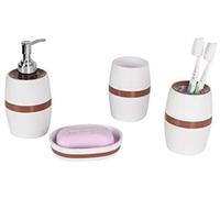 Fingey Modern Design 4 Piece Bathroom Accessory Set, Soap Dish, Tooth Brush Holder, Soap Dispenser, Rinse Cup (White) (Brown Ring)