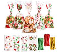 FINGOOO 120 Pieces Christmas Candy Cookie Bags Christmas Cellophane Snack Bags 4 Candy Bags Cookie Bags with Twist Ties for Christmas Party Gift Supplies
