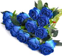 FINGOOO 12pcs Artificial Roses, 11.8” Single Stem Fake Rose Silk Faux Flowers Wedding Bouquet Realistic Flower for Valientines Decorations, Blue