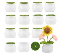 FINGOOO 2 Inch Little White Pots, 12 Pack Plastic Plant Pots with Foam and Simulated Lawn for Crochet Flowers Knit Plants DIY Craft Home Desk Decor