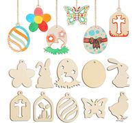 FINGOOO 20 Pieces Easter Unfinished Wooden Crafts, Wooden Shapes Ornament Mixed Patterns with Water Colour Pens