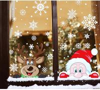 FINGOOO Christmas Window Stickers, 6 Sheets Peeping Santa and Rudolph Window Clings Snowflake Decal for Xmas Window Decoration