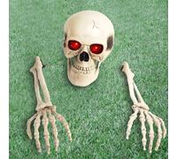 FINGOOO Fake Skeleton Halloween Decorations, 3Pcs Spooky Skull& Arms Halloween Outdoor Decorations Garden Décor