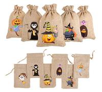 FINGOOO Halloween Jute Burlap Bags, 12 pieces Small Gift Candy Pouch with Drawstring for Kids