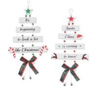 FINGOOO Wooden Christmas Hanging Decoration, 2 Pcs Xmas Ornaments Patterned Decorations Party Supplies Accessories（Red& Green）