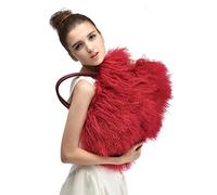 FINILUO Women Luxury Real Lamb/Mongolian Flush Wool Fur With Genuine Leather Handles Handbag, Red, 50cm*35cm(19.7"*13.8")