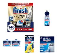 Finish Ultimate PlusBundle of Finish Dishwasher Tablet, Ultimate Plus Infinity Shine, 146 Tabs (73 x 2pck), with Rinse Aid 800ml, Salt 2KG, Dishwasher Freshener Lemon & Twin Pack Dishwasher Cleaner