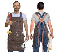 FinityPro Waxed Canvas Woodworking Apron - 22oz Heavy Waxed Canvas Work Aprons for Men and Women, with 9 Pockets & Cross Back Straps, Woodworking Aprons for Men, Adjustable Woodwork Shop Apron, Brown