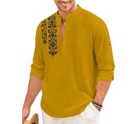 FINIVO FASHION Men's Regular Fit Cotton Blend Short Kurta Shirt Full Sleeve Ethnic Shirt with Mandarin Collar and Button Placket Casual Kurta for Everyday and Traditional Use, gold-coloured, L