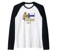 Finland Vintage Design Souvenir with Elk and Tent Raglan Baseball Tee