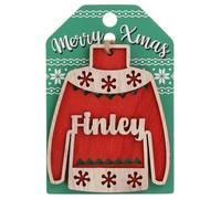 Finley Name Christmas Jumper Wooden Tree Decoration Personalised Bauble Xmas Red