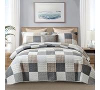 Finlonte Quilt King Size - 100% Cotton Plaid King Size Comforter Set Farmhouse Quilt Bedding Set, Reversible Lightweight Bedspread, Grey Brown White Quilted Coverlet All-Season, 3-Piece