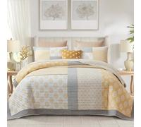 Finlonte Quilt Set, 100% Cotton Lightweight King Quilt, Real-Patchwork Farmhouse Floral Quilted Bedspread, Yellow Grey White Reversible Soft Quilt Bedding Set All Season, 3 Pieces
