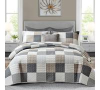 Finlonte Quilts Queen Size - 100% Cotton Plaid Queen Comforter Set Farmhouse Modern Quilt Bedding Set, Reversible Lightweight Soft Bedspread, Grey Brown White Quilted Coverlet All-Season, 3-Piece