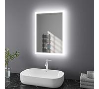 Finmrys Bathroom Mirror with LED Lights, 500 x 700 mm Illuminated Bathroom Mirror with Demister Dimmable 3 Colour Light Memory Function Horizontal/Vertical （19.69x27.56 Inch）