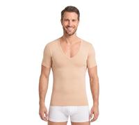 FINN Sweatproof Undershirt Men Deep V Neck - Anti Sweat Shirt with Pads | Stays hidden under an open collar. Extra large shields, breathable Lenzing Modal, sizes S to 3XL in white, nude and black