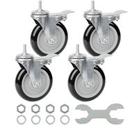 Finnhomy 5" Threaded Heavy Duty 3/8"-16" x 1" Swivel Casters with Brake PU Industrial Locking Casters Wheels for Cart Furniture 2200lb Smooth Castor Black