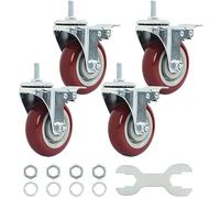 Finnhomy Swivel Caster Wheels 4 Inch Threaded Stem Casters Set of 4 Heavy Duty 3/8"-16 x 1" with Brake Polyurethane Industrial Locking Castors Wheels for Cart/Furniture 2200 Lbs Smooth Casters, Red