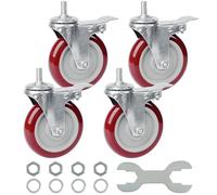 Finnhomy Swivel Caster Wheels 5 Inch Threaded Stem Casters Set of 4 Heavy Duty 1/2"-13 x 1" with Brake Polyurethane Industrial Locking Castors Wheels for Cart/Furniture 2200 Lbs Smooth Casters, Red