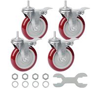 Finnhomy Swivel Caster Wheels 5 Inch Threaded Stem Casters Set of 4 Heavy Duty 3/8"-16 x 1" with Brake Polyurethane Industrial Locking Castors Wheels for Cart/Furniture 2200 Lbs Smooth Casters, Red