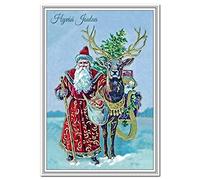 Finnish Christmas Cards - Hyvää Joulua - Merry Xmas Greetings in Finnish language - Victorian Santa Reindeer Vintage Scandinavian design - Wishes Finland - Blank inside to write own message