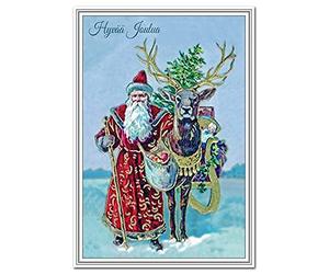 Finnish Christmas Cards - Hyvää Joulua - Merry Xmas Greetings in Finnish language - Victorian Santa Reindeer Vintage Scandinavian design - Wishes Finland - Blank inside to write own message