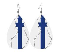 Finnish Flag Map Printed Water Drop Earrings, Lightweight Leather Teardrop Dangle for Date and Party