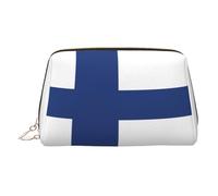Finnish Flag Print Leather Cosmetic Pouch, Leather Makeup Bag for Purse with Top Zip Closure Stylish Toiletry Bag