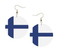 Finnish flag Round Leather Earrings Gold, Double-Side Printed Drop Dangle Jewelry for Women, for Festival Party Gift