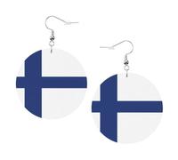 Finnish flag Round Leather Earrings White, Double-Side Printed Drop Dangle Jewelry for Women, for Festival Party Gift