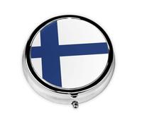 Finnish Flag Round Pill Box. Portable Daily Medication Organizer, Travel-Friendly Design.