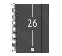 Finocam - Spiral Agenda 2026 1 Day Page | January - December (12 months) | 2026 Yearly Agenda with Elastic Band | Basics Year Spiral Polypropylene Cover - Black - Catalan