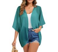 FINOCEANS Womens Floral Chiffon Kimono Cardigans Loose Beach Cover Up Half Sleeve Tops, 01n Turquoise, Large
