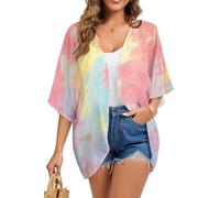 FINOCEANS Womens Floral Chiffon Kimono Cardigans Loose Beach Cover Up Half Sleeve Tops, 09s Tie Dye, 3X-Large