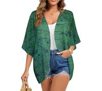 FINOCEANS Womens Floral Chiffon Kimono Cardigans Loose Beach Cover Up Half Sleeve Tops, 1green Leaf, Medium